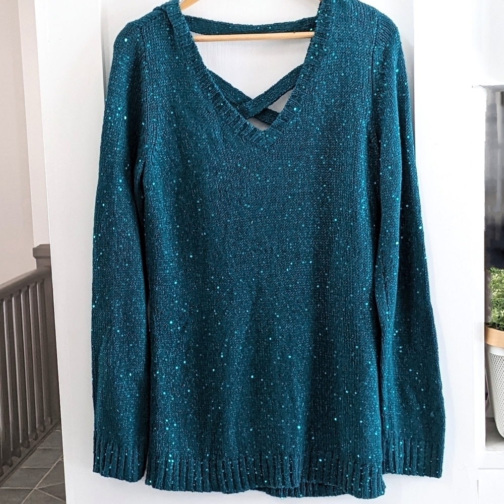 Guess V Neck Sequin Sweater